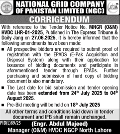 National Grid Company of Pakistan Limited Lahore Tender Notice